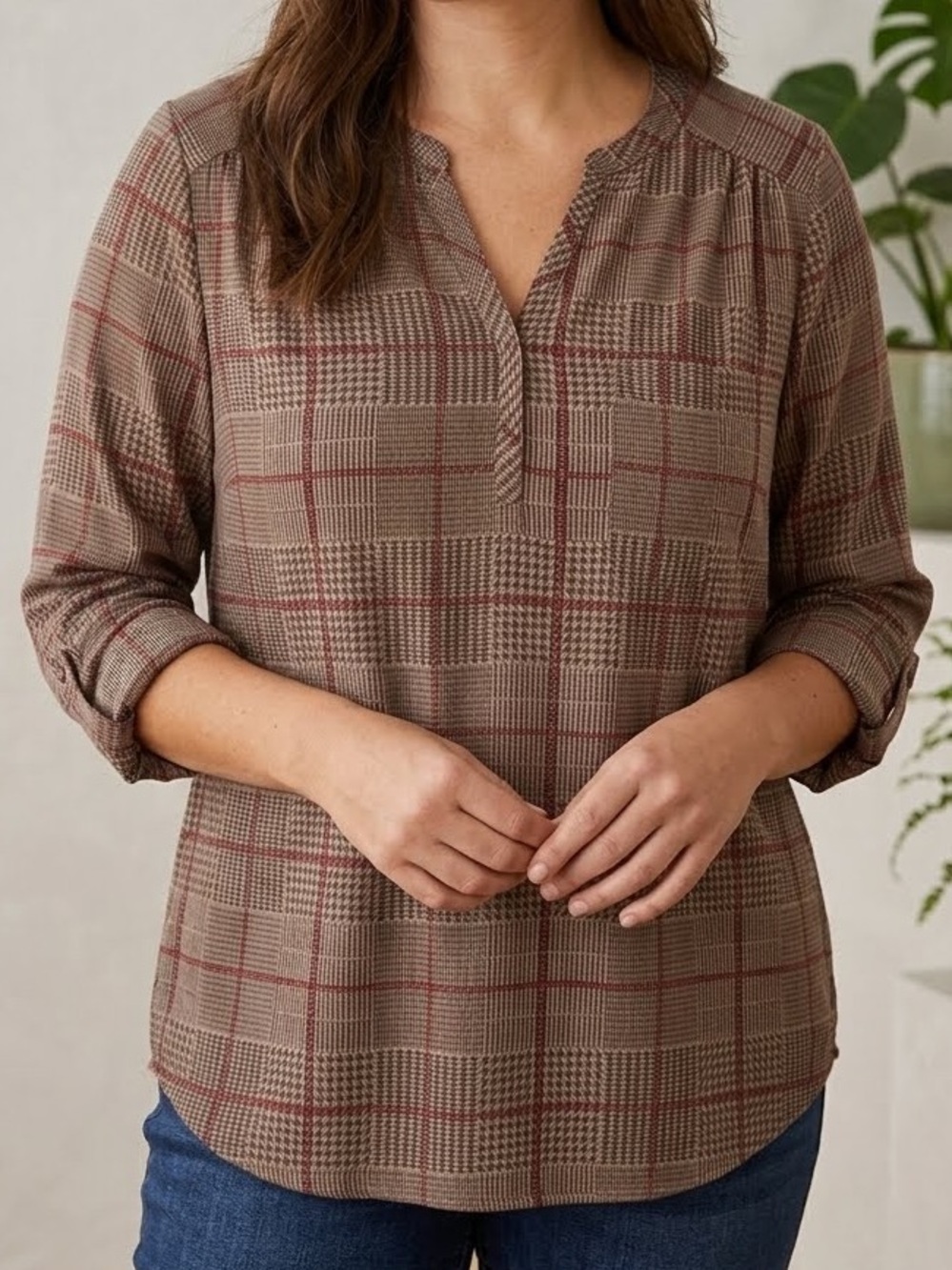 Pleione Blouse Plaid Houndstooth Brown Red V-Neck Large EUC preppy office classy